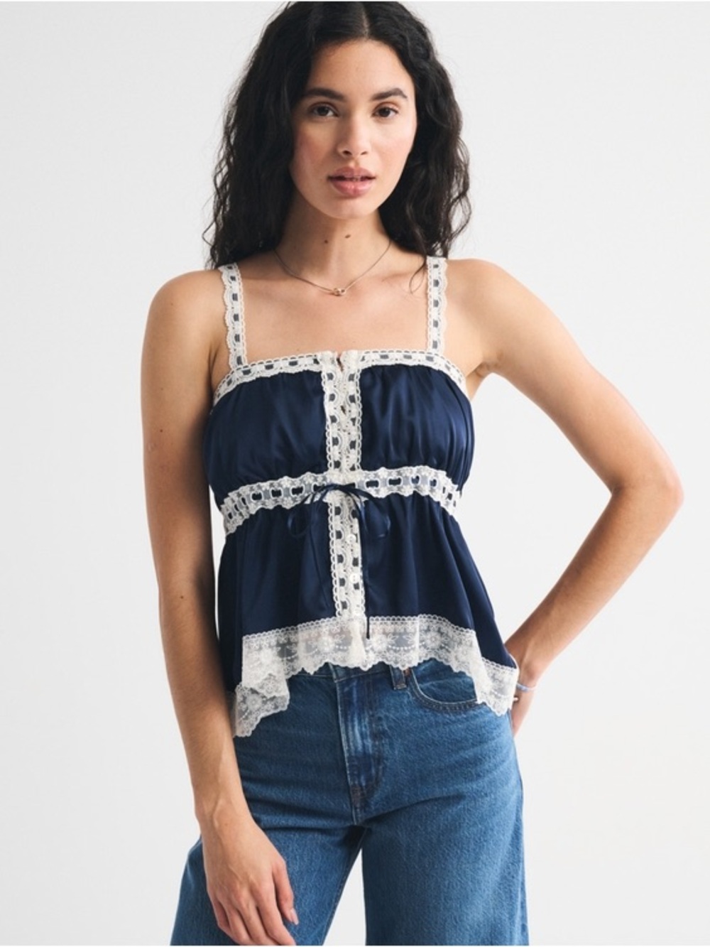 NWT Abercrombie + Fitch Lace-Trim Button Through Cami in Navy